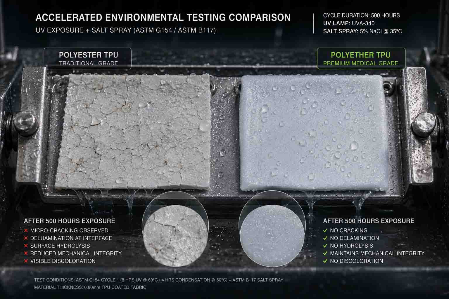 Accelerated UV and salt spray laboratory testing comparing Polyester TPU failure against marine-grade Polyether TPU durability.
